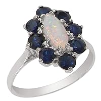 Solid 14k White Gold Natural Opal & Sapphire Womens Cluster Ring - Sizes 4 to 12 Available