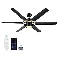 60 inch Black Ceiling Fans with Lights and Remote, Modern Smart Ceiling Fan Compatible with Alexa, Google Home & Smart APP, Reversible Dimmable DC Ceiling Fan for Indoor or Covered Outdoor
