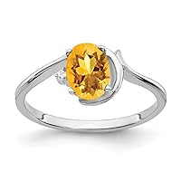 Solid 14k White Gold 7x5mm Oval Citrine Yellow November Gemstone Diamond Engagement Ring (.01 cttw.)