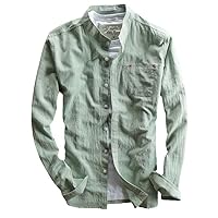 Harajuku Men's Linen Cotton Shirt-Japan Style,Stand Collar,Long Sleeve,Slim Fit,Casual Breathable Tops-EN8-L