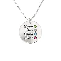 Custom Name Round Charm Pendant Necklace With Four Family Name And Birthstone Personalized Gift For Family And Friends