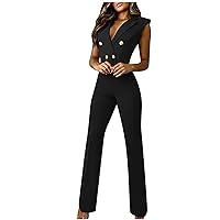 Women's V Neck Collared Button Straight Leg Jumpsuit Business Casual Sleeveless Formal Long Pants Rompers Jumpsuits