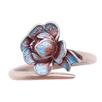 Vintage 925 Sterling Silver Enamel Lotus Flower Ring Cloisonne Jewelry Ring for Women Girls Open and Adjustable