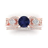 2.0ct Round Cut 3 stone Genuine Blue Sapphire Simulant Engagement Promise Anniversary Bridal Ring Band set 18K Rose Gold
