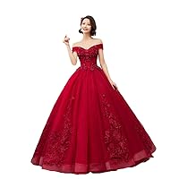 Women's Long Fluffy Quinceanera Dress Off Shoulder Wedding Gown Dresses Oxblood Red