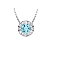 Aquamarine March Birthstone Set in Classic 14k Gold Halo 1/4 inch Pendant Necklace 12 Sparkling Diamonds (H-I Color I1 Clarity) 18