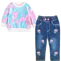 Peacolate Spring Autumn Girls 2pcs Clothing Sets Long Sleeve Pink Blue Tie-die T shirt and Butterfly Embroidery Jeans(2Years)