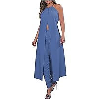 Ladies Summer Casual Outfits Sets Halter Long Tops Straight Pants 2 Piece Outfit for Women Trendy Vacation Suits