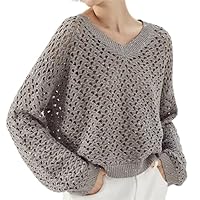 Womens 2023 Cute Elegant Soft Crewneck Long Sleeve Hollow Cable Knit Pullover Sweaters