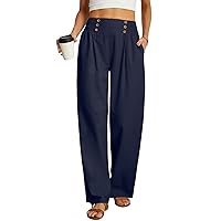 Womens Summer Mix Cotton Linen Palazzo Pants High Waisted Wide Leg Long Lounge Trousers with Pocket