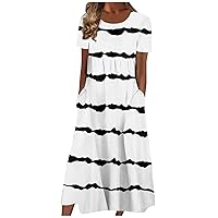 Casual Dresses Women's Summer Maxi Dress Round Neck Short Sleeve Classic Print Pleated Flowy Sundress with Pockets