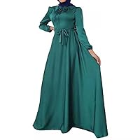 Women's Satin Tie Neck Muslim Abaya Dress Long Sleeve High Waist Flowy Swing Maxi Dress