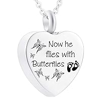 Urn Necklaces for Ashes Memorial Cremation Urn Love Heart Locket Stainless Steel Keepsake Ashes Jewelry, Now he Flies with Butterflies (Silver Necklace)