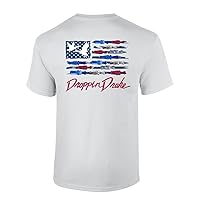 Droppin Drake Mens USA Duck Call Flag Red White & Blue Red Lettering Mens Short Sleeve T-Shirt