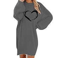 Women's Lantern Sleeve Plush Sweater Dress Loose Heart Pattern Print Dresses Trendy Fuzzy Knit Long Sleeve Dress