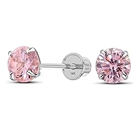 Solid 14K White Gold Round Solitaire Simulated-Birthstone Minimalist Stud Earring with Comfort Screw Backing