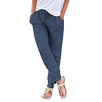 Womens Tapered Pants Casual Cotton Linen Pants Elastic Waist Linen Joggers Drawstring Pants with Pockets Trousers