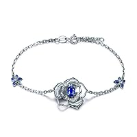 Natural Genuine Blue Sapphire Diamond 14k White Gold Flower Floral Bracelet Cuff Bangle Vintage Butterfly