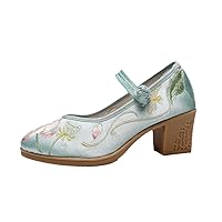Embroidered Mid Heeled Women Shoes Autumn Pumps with Traditional Button Ladies Round Toe Ankle Strap Party Shoe EN8 8