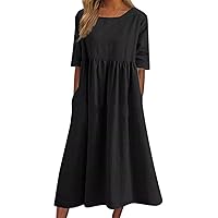 Summer Cotton Dress for Women Oversize Solid O-Neck Short Sleeves Dresses Female Casual Loose Pocket Ladies Clothes