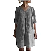 Ladies Summer Dresses 2023 Trendy Knee Length Dress for Women Short Sleeve V Neck Linen Dress Casual Mini Sundress