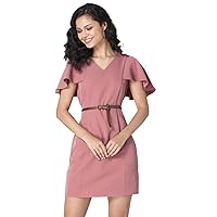 FabAlley Women's Dusty Pink Bodycon Dress with Tan Belt and Ruffled Sleeves