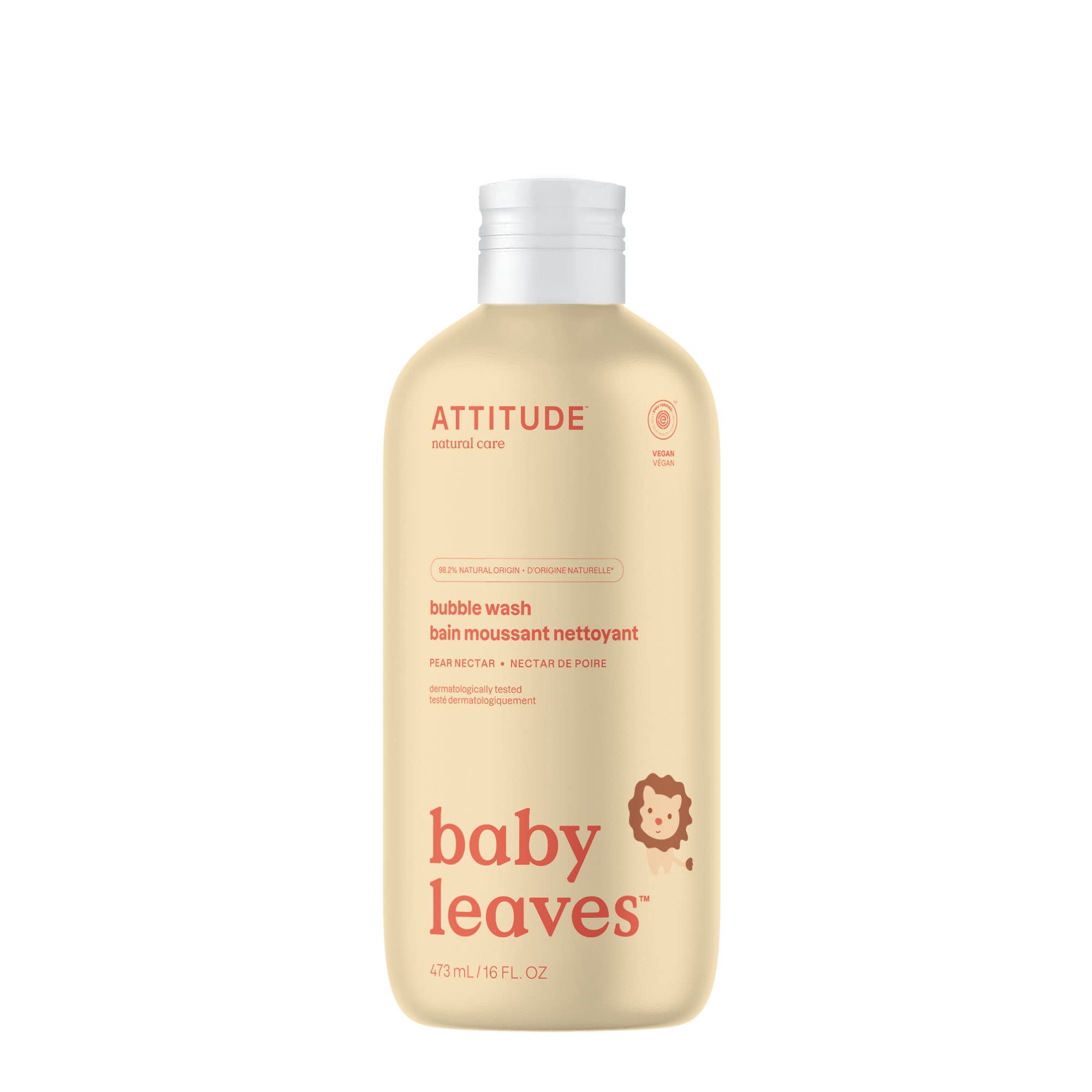 ATTITUDE Natural Baby Bubble Wash for Sensitive Skin, EWG Verified, Hypoallergenic Body Soap, Vegan and Cruelty-Free, Pear Nectar, 16 Fl Oz