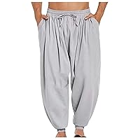 Men's Wide Leg Tapered Pants Elastic Waist Harem Pants Solid Loose Beach Pants with Pocket Drawstring Trousers