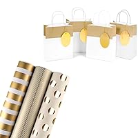 WRAPAHOLIC [2-PACK] Metallic Gold Wrapping Paper Set & Gold Stripe Gift Bag - For Wedding, Birthday, Baby Shower