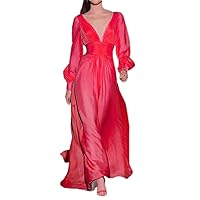 Women's Lace Appliqued Chiffon Prom Dresses Long with Slit Spaghetti Straps V Neck Formal Party