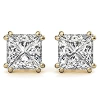 Princess Shape Moissanite Diamond Studs Earrings For Women's in Solid 18k Yellow Gold and 925 Silver