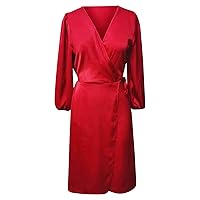 Women's Spring/Summer Satin Solid Color V Neck Dress with Slit Sexy Casual Dress Womens Midi Casual