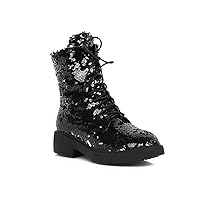 Womens Fashion Chunky Heel Sequin Ankle Booties Cool Lace Up Glitter Combat Boots