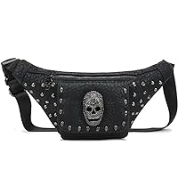 Skull Fanny Packs Fashionable PU Leather Bumbag Women and Men Belt Bag Black Waist Pack with Adjustable Belt for Rave,Festival,Travel,Party