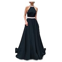 Womens Beaded Halter Prom Dress with Pockets Long Sleeveless Satin Evening Formal Gown