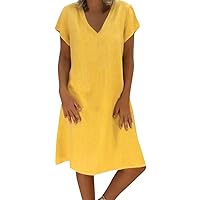 Womens Summer Linen Dress A-Line V Neck Bodycon Modest Top Flowy Short Sleeve Solid A Line Mini Dress Work Flare