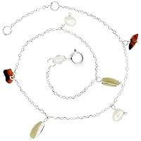 Sterling Silver Anklet Natural Carnelian Nuggets Pearls Mother-of-Pearl, adjustable 9-10 inch