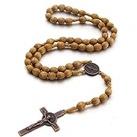 [Ayrsjcl] Wooden Rosary Cross Necklace Handmade Woven Saint Benedict Medal Antique Vintage Catholic Religious Jesus Jewelry
