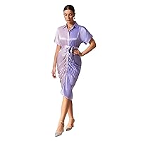 Women Summer Dresses 2023 Two Tone Ruched Belted Shirt Dress Colorblock Short Sleeve Midi Dress