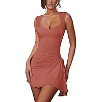 Lrady Womens Sexy Square Neck Bodycon Sleeveless Ruched Side Drawstring Flare Mini Party Club Short Dress