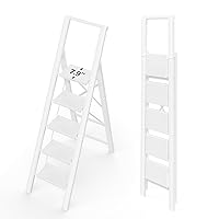 5 Step Ladder, Stepping Ladder with Wide Rungs, Portable Lightweight Ladder with Handle, Folding Aluminum Ladder with Non-Slip Feet, Easy to Store, 330 lbs Load - White
