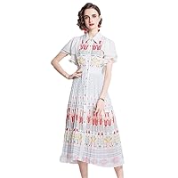 Runway Holiday Dress Summer Women Flying Sleeves Flower Print Single Breasted Midi Chiffon Pleated Dresses