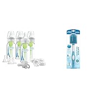 Dr. Brown's Anti-Colic Breast to Bottle Feeding Set with Slow Flow Nipples, Travel Caps, and Silicone Pacifier - Gray & Soft Touch Bottle Brush, Blue