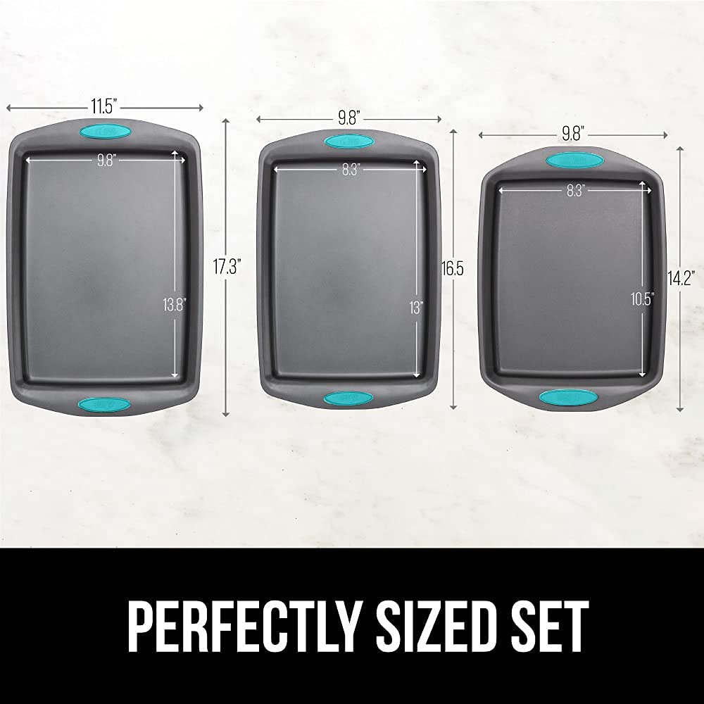 Gorilla Grip Non Stick Jelly Roll Baking Pans, Thick Warp Proof, 3 Piece, Durable Silicone Handles, Kitchen Oven Pan Bakeware Set, Cooking, Roasting Sets, Easy Clean, Set of 3, Turquoise