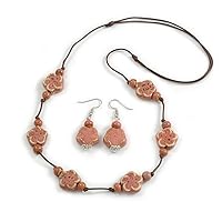 Dusty Pink Ceramic Flower Bead Brown Cord Necklace and Drop Earrings Set/48cm L/Slight Variation In Colour/Natural Irregularities