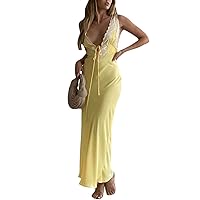 Women's Y2k Summer Long Slim Fit Dresses 2024 Sleeveless Deep V Neck Boho Floral Bodycon Sexy Party Dress