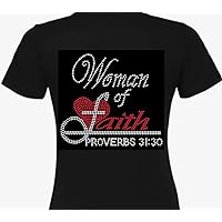 Woman of Faith Proverbs 31:30 red and Clear Rhinestone Transfer Iron on Bling Religious Black Tees