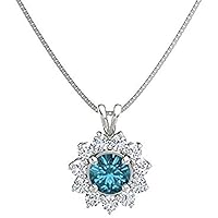 Beautiful Round Shape Created London Blue Topaz & Cubic Zirconia 925 Sterling Sliver Halo Cluster Pendant Necklace for Women's,Girls 14K White/Yellow/Rose Gold Plated