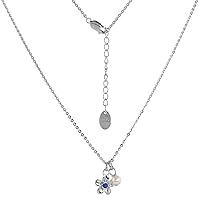 Dainty Sterling Silver 5 Petal Flower Necklace Blue CZ and Faux Pearl Rhodium Finish 16-17 inch