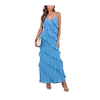 Women's Summer Sexy Cami Dress U Neck Slim Spaghetti Strap Ruffle Maxi Dress Cocktail Party Beach Maxi Dress